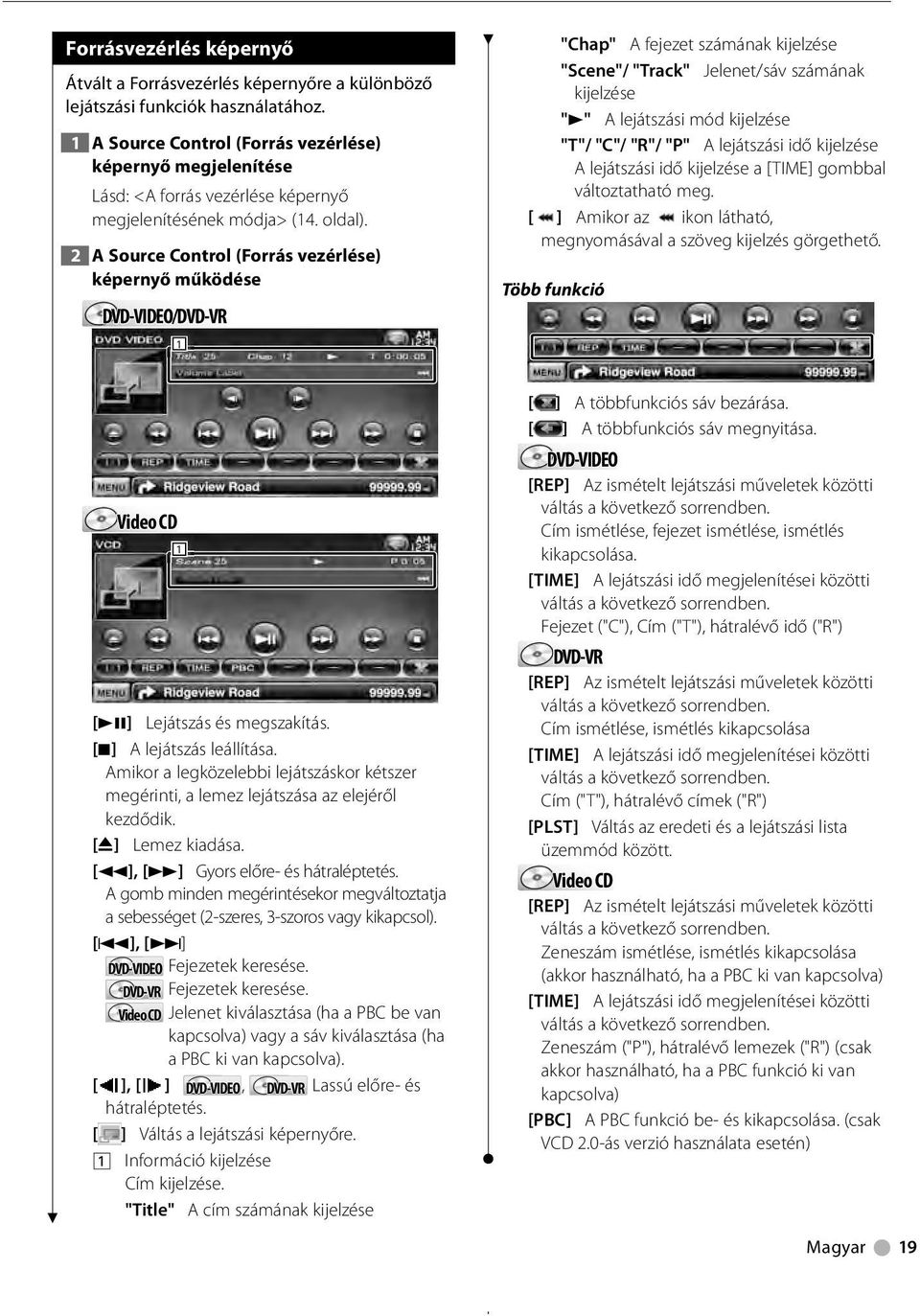 2 A Source Control (Forrás vezérlése) képernyő működése DVD-VIDEO/DVD-VR "Chap" A fejezet számának kijelzése "Scene"/ "Track" Jelenet/sáv számának kijelzése "3" A lejátszási mód kijelzése "T"/ "C"/