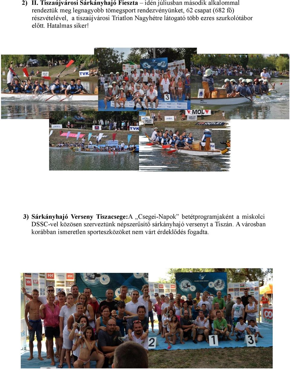 62 csapat (682 fő) részvételével, a tiszaújvárosi Triatlon Nagyhétre látogató több ezres szurkolótábor előtt.