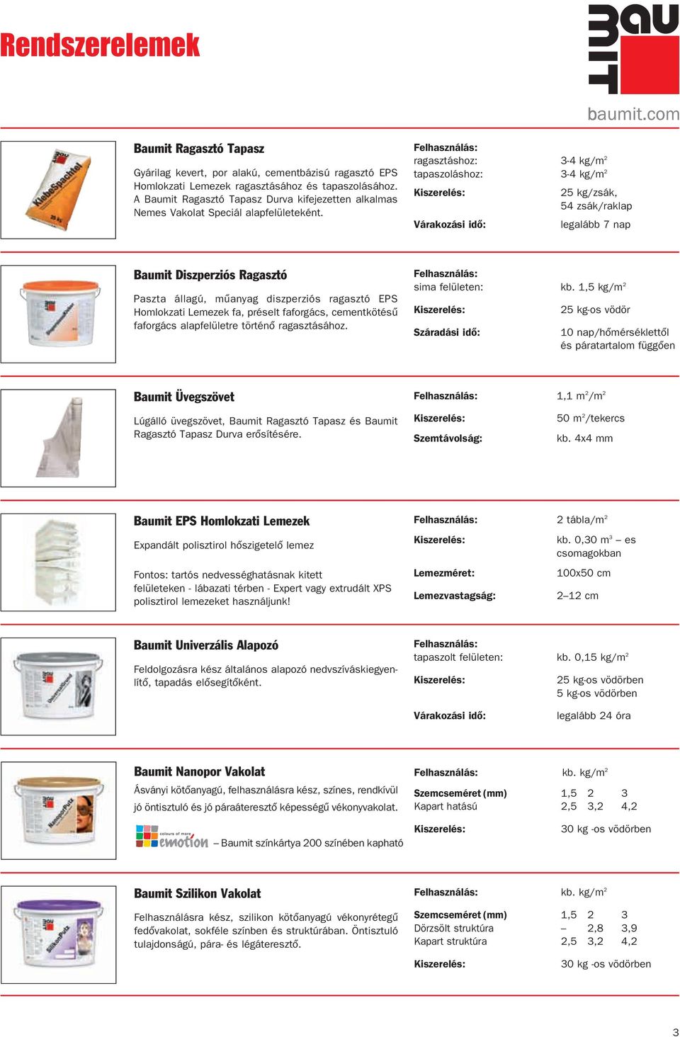 ragasztáshoz: 3-4 kg/m 2 tapaszoláshoz: 3-4 kg/m 2 Várakozási idô: 25 kg/zsák, 54 zsák/raklap legalább 7 nap Baumit Diszperziós Ragasztó Paszta állagú, mûanyag diszperziós ragasztó EPS Homlokzati