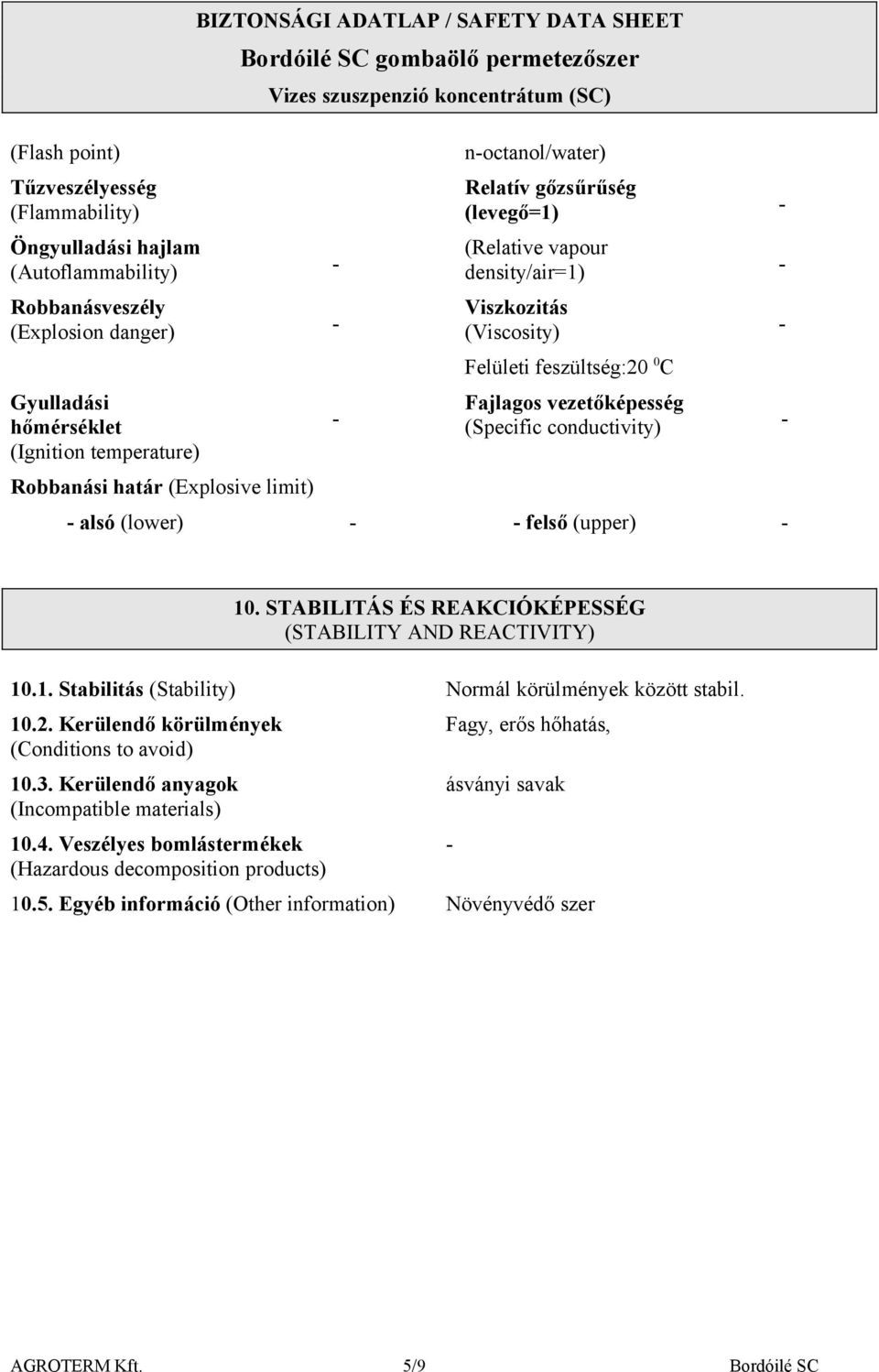 (Specific conductivity) alsó (lower) felső (upper) 10. STABILITÁS ÉS REAKCIÓKÉPESSÉG (STABILITY AND REACTIVITY) 10.1. Stabilitás (Stability) Normál körülmények között stabil. 10.2.