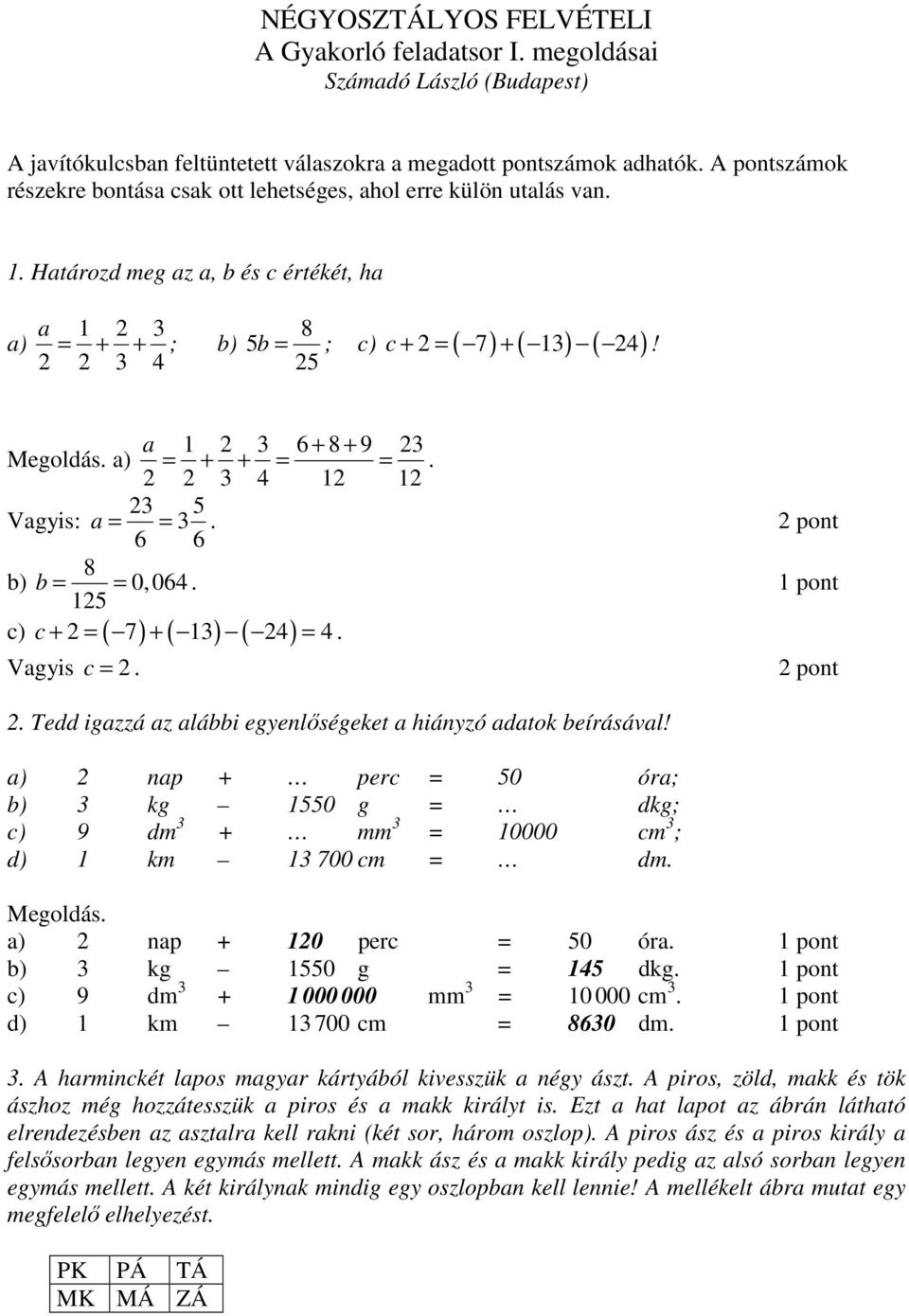 a 1 2 3 6 + + 9 23 Megoldás. a) = + + = =. 2 2 3 4 12 12 23 5 Vagyis: a = = 3. 6 6 b) b = = 0,064. 125 c + 2 = 7 + 13 24 = 4. c) ( ) ( ) ( ) Vagyis c = 2. 2. Tedd igazzá az alábbi egyenlőségeket a hiányzó adatok beírásával!