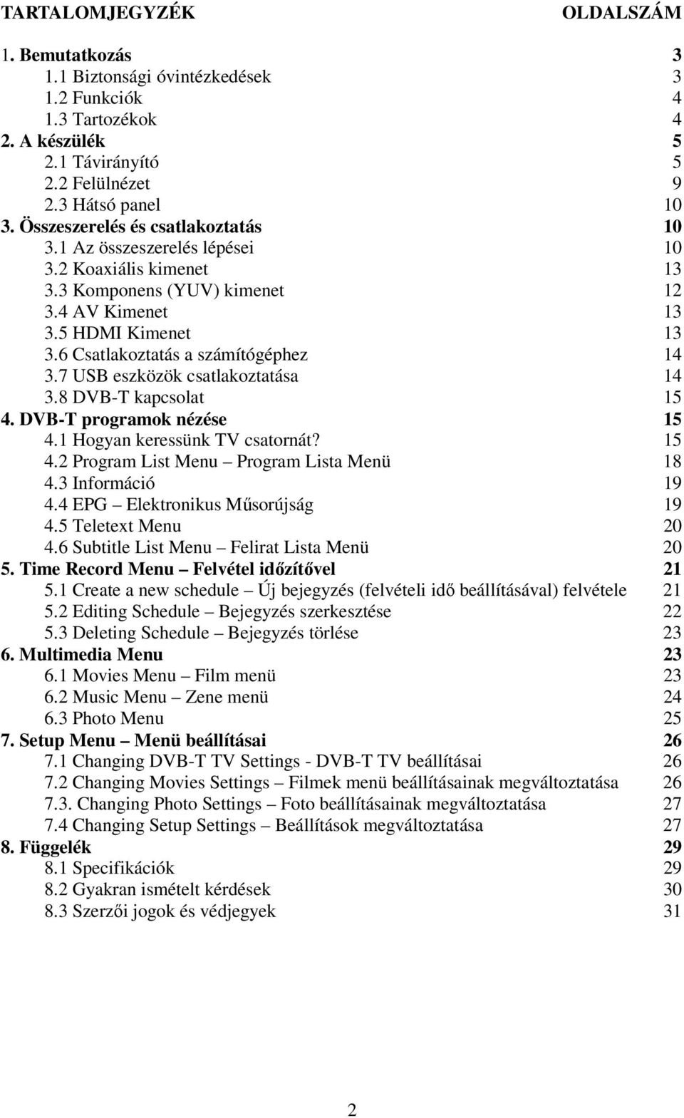 6 Csatlakoztatás a számítógéphez 14 3.7 USB eszközök csatlakoztatása 14 3.8 DVB-T kapcsolat 15 4. DVB-T programok nézése 15 4.1 Hogyan keressünk TV csatornát? 15 4.2 Program List Menu Program Lista Menü 18 4.