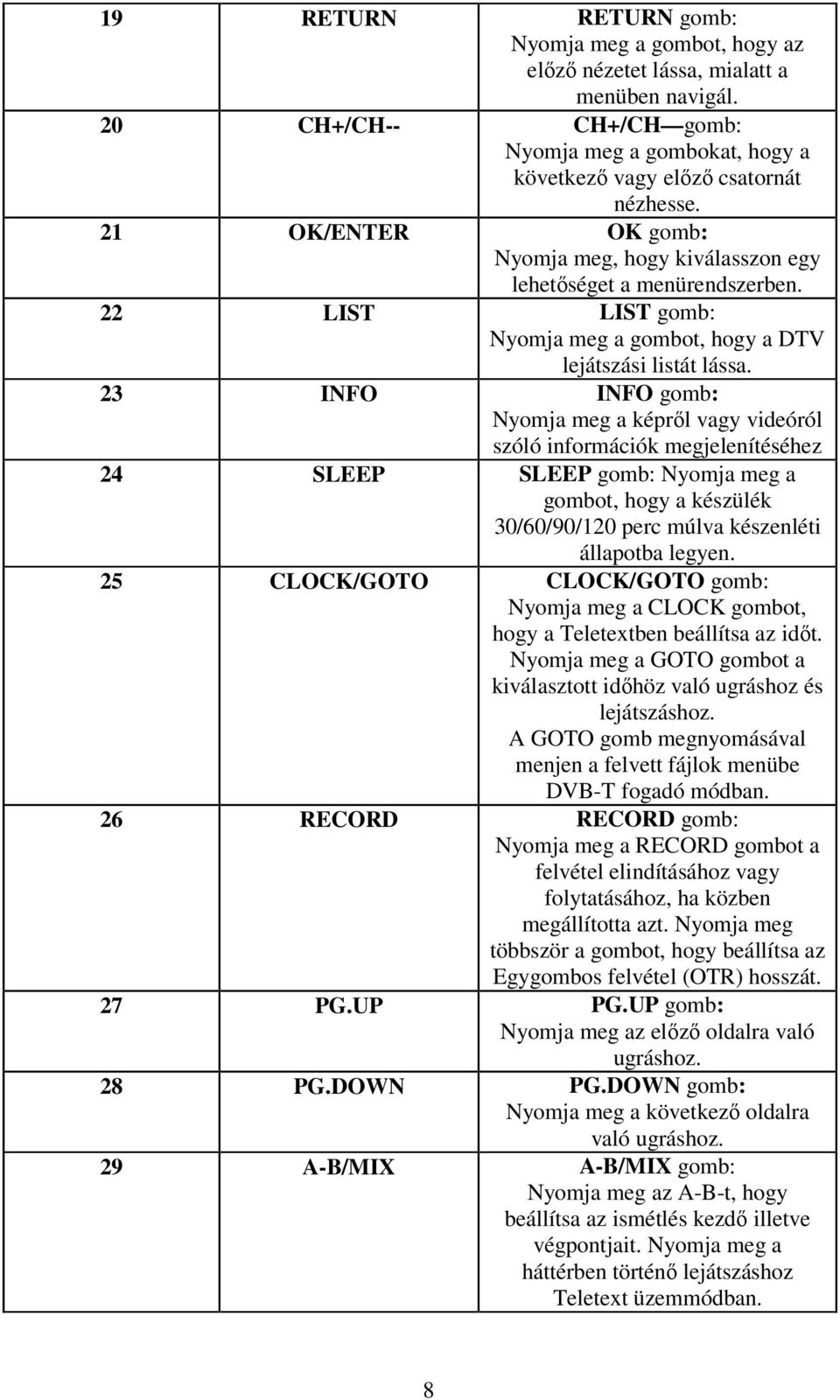 23 INFO INFO gomb: Nyomja meg a képről vagy videóról szóló információk megjelenítéséhez 24 SLEEP SLEEP gomb: Nyomja meg a gombot, hogy a készülék 30/60/90/120 perc múlva készenléti állapotba legyen.