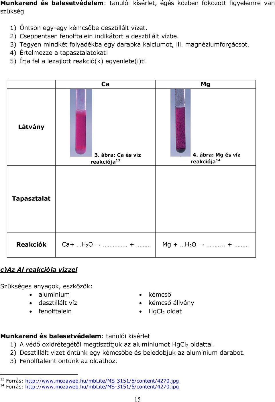 ábra: Ca és víz reakciója 13 4. ábra: Mg és víz reakciója 14 Tapasztalat Reakciók Ca+ H 2 O + Mg + H 2 O.