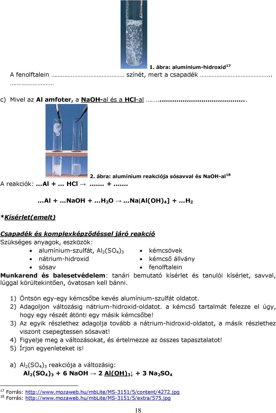 Al + NaOH + H 2 O Na[Al(OH) 4 ] + H 2 *Kísérlet(emelt) Csapadék és komplexképződéssel járó reakció Szükséges anyagok, eszközök: alumínium-szulfát, Al 2 (SO 4 ) 3 kémcsövek nátrium-hidroxid kémcső