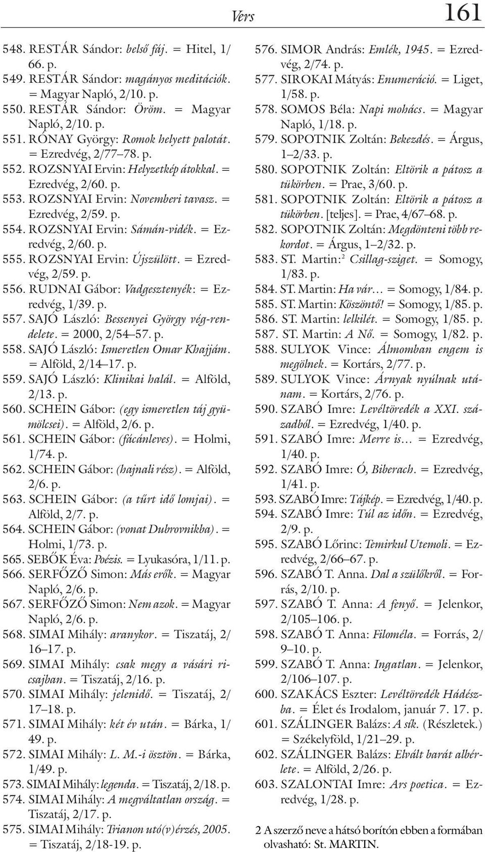 ROZSNYAI Ervin: Sámán-vidék. = Ezredvég, 2/60. p. 555. ROZSNYAI Ervin: Újszülött. = Ezredvég, 2/59. p. 556. RUDNAI Gábor: Vadgesztenyék: = Ezredvég, 1/39. p. 557.