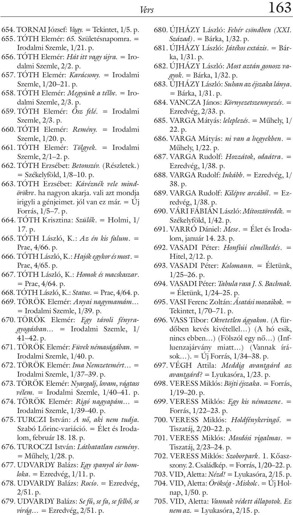 = Irodalmi Szemle, 1/20. p. 661. TÓTH Elemér: Tölgyek. = Irodalmi Szemle, 2/1 2. p. 662. TÓTH Erzsébet: Betonszív. (Részletek.) = Székelyföld, 1/8 10. p. 663. TÓTH Erzsébet: Kávéznék vele mindörökre.