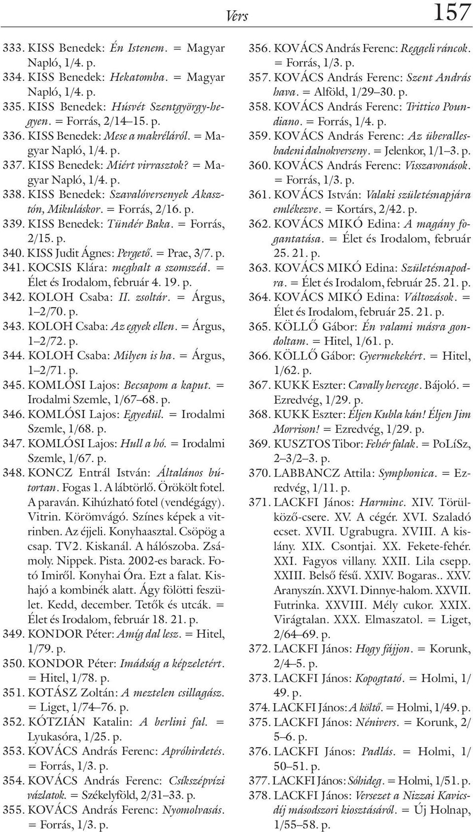 KISS Benedek: Tündér Baka. = Forrás, 2/15. p. 340. KISS Judit Ágnes: Pergetõ. = Prae, 3/7. p. 341. KOCSIS Klára: meghalt a szomszéd. = Élet és Irodalom, február 4. 19. p. 342. KOLOH Csaba: II.