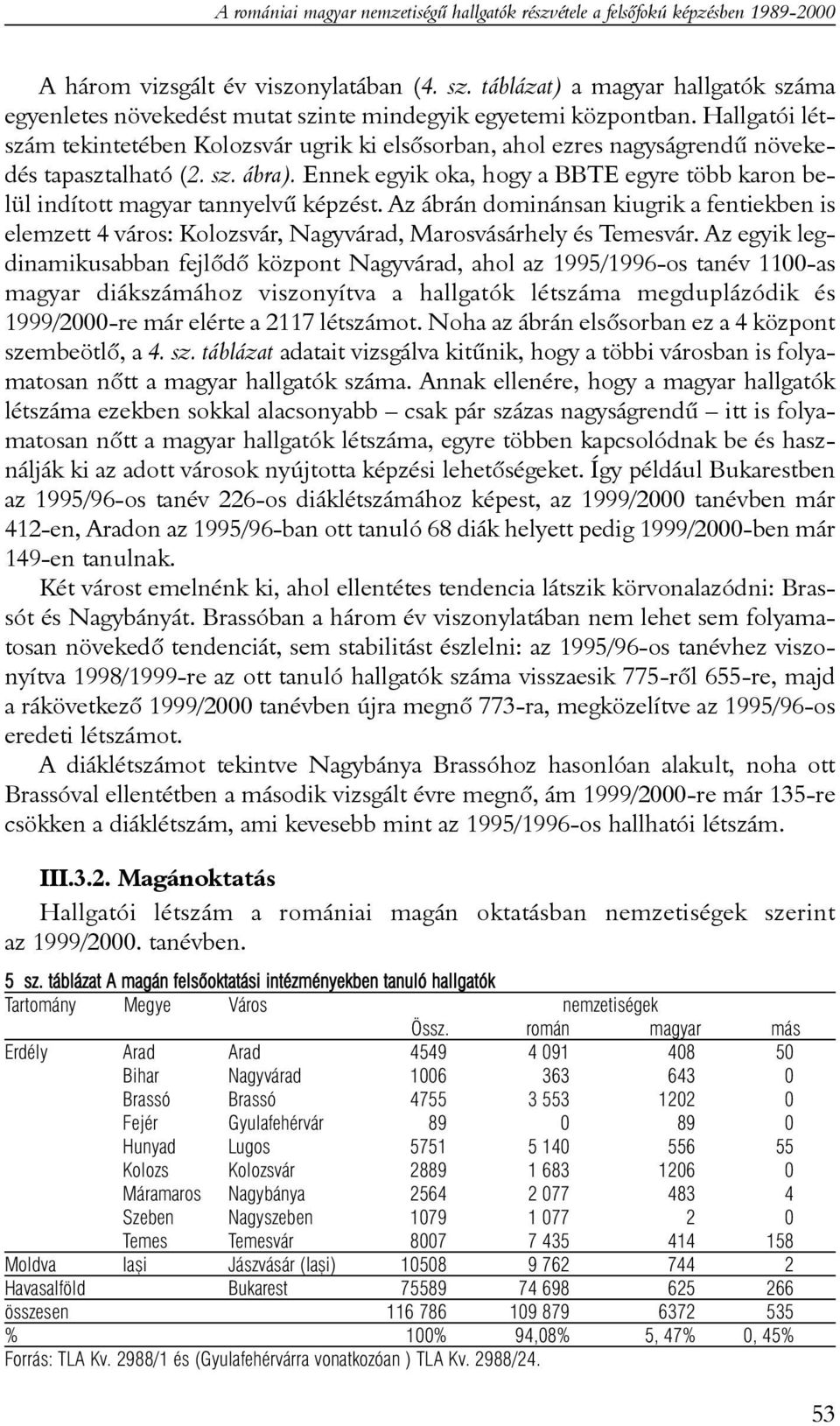 Hallgatói létszám tekintetében Kolozsvár ugrik ki elsõsorban, ahol ezres nagyságrendû növekedés tapasztalható (2. sz. ábra).