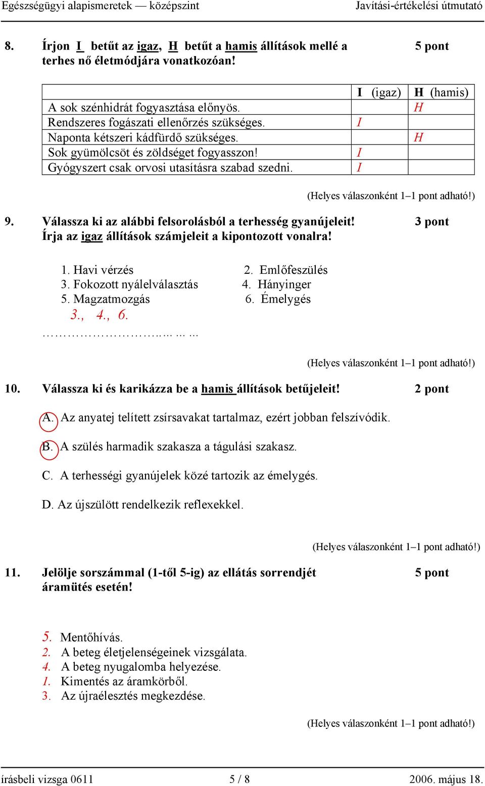 Válassza ki az alábbi felsorolásból a terhesség gyanújeleit! 3 pont Írja az igaz állítások számjeleit a kipontozott vonalra! 1. Havi vérzés 2. Emlőfeszülés 3. Fokozott nyálelválasztás 4. Hányinger 5.