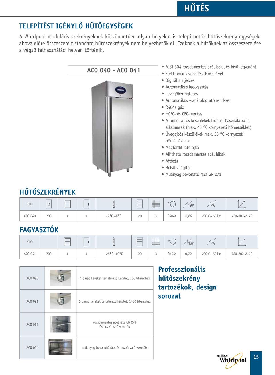 ACO 040 - ACO 041 AISI 304 rozsdamentes acél belül és kívül egyaránt Elektronikus vezérlés, HACCP-vel Digitális kijelzés Automatikus leolvasztás Levegőkeringtetés Automatikus vízpárologtató rendszer