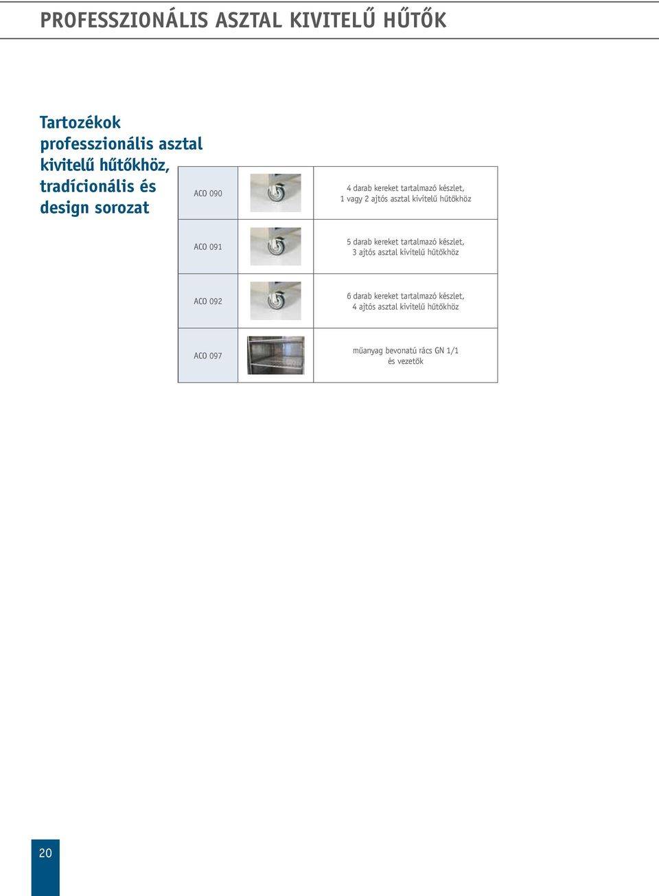 kivitelű hűtőkhöz ACO 091 5 darab kereket tartalmazó készlet, 3 ajtós asztal kivitelű hűtőkhöz ACO 092