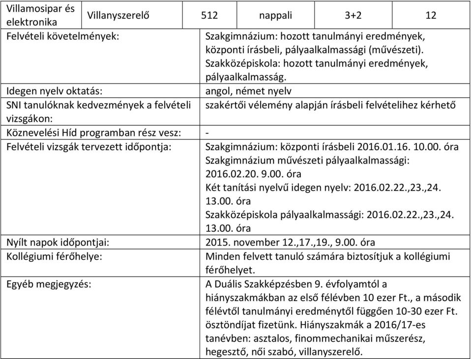 Idegen nyelv oktatás: angol, német nyelv SNI tanulóknak kedvezmények a felvételi szakértői vélemény alapján írásbeli felvételihez kérhető Köznevelési Híd programban rész vesz: - Felvételi vizsgák