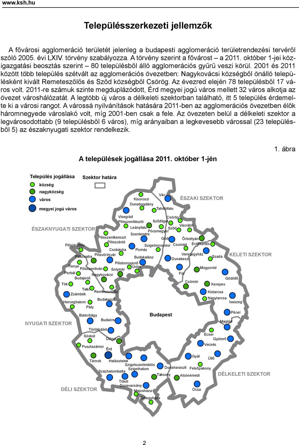 2001 és 2011 között több település szétvált az agglomerációs övezetben: Nagykovácsi községből önálló településként kivált Remeteszőlős és Sződ községből Csörög.