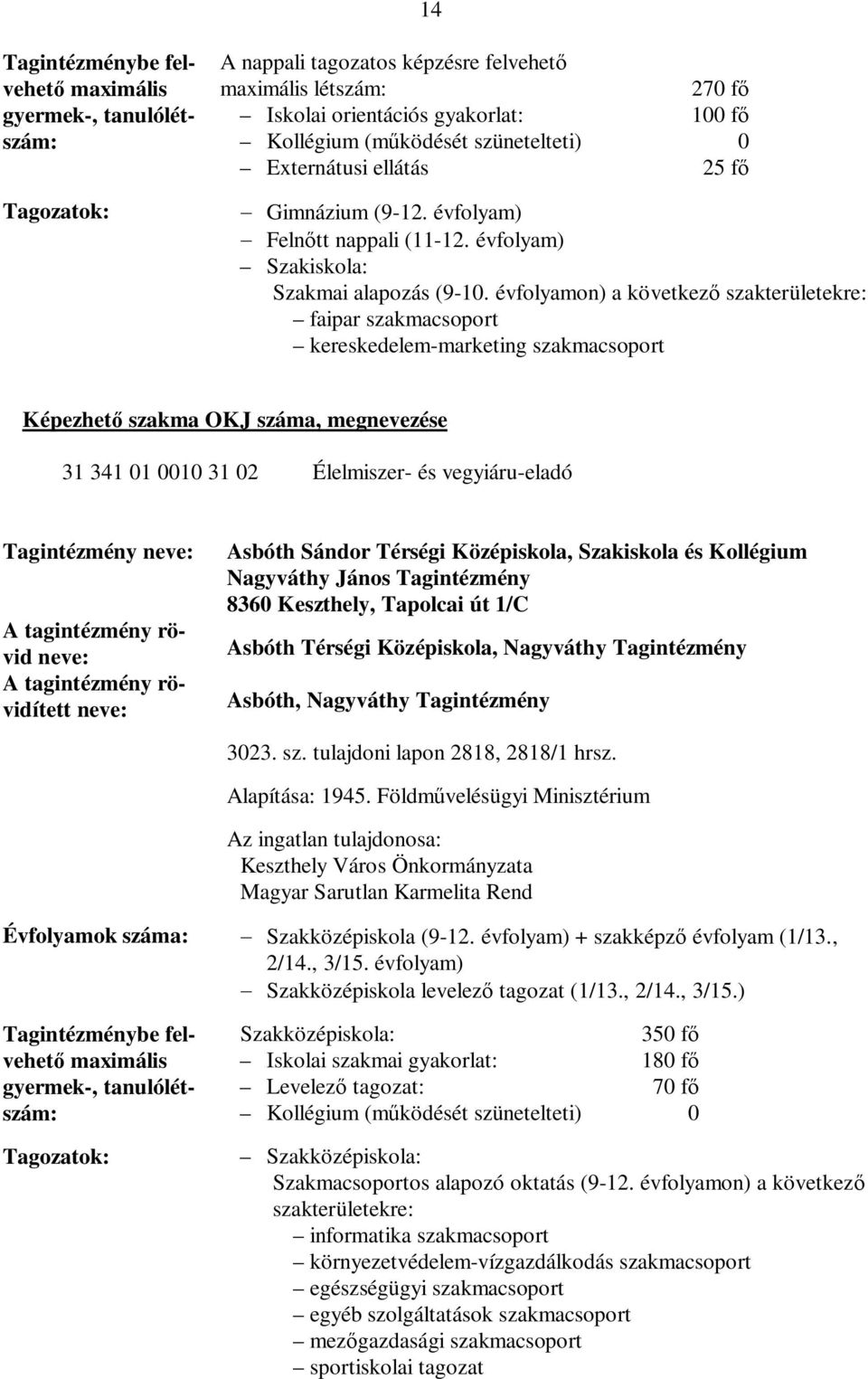 évfolyamon) a következ szakterületekre: faipar szakmacsoport kereskedelem-marketing szakmacsoport Képezhet szakma OKJ száma, megnevezése 31 341 01 0010 31 02 Élelmiszer- és vegyiáru-eladó