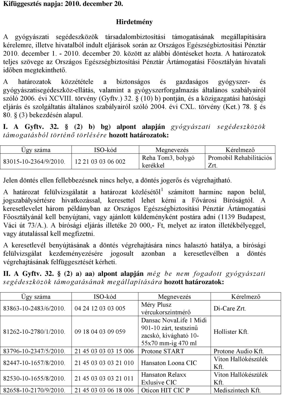december 1. - 2010. december 20. között az alábbi döntéseket hozta. A határozatok teljes szövege az Országos Egészségbiztosítási Pénztár Ártámogatási Főosztályán hivatali időben megtekinthető.