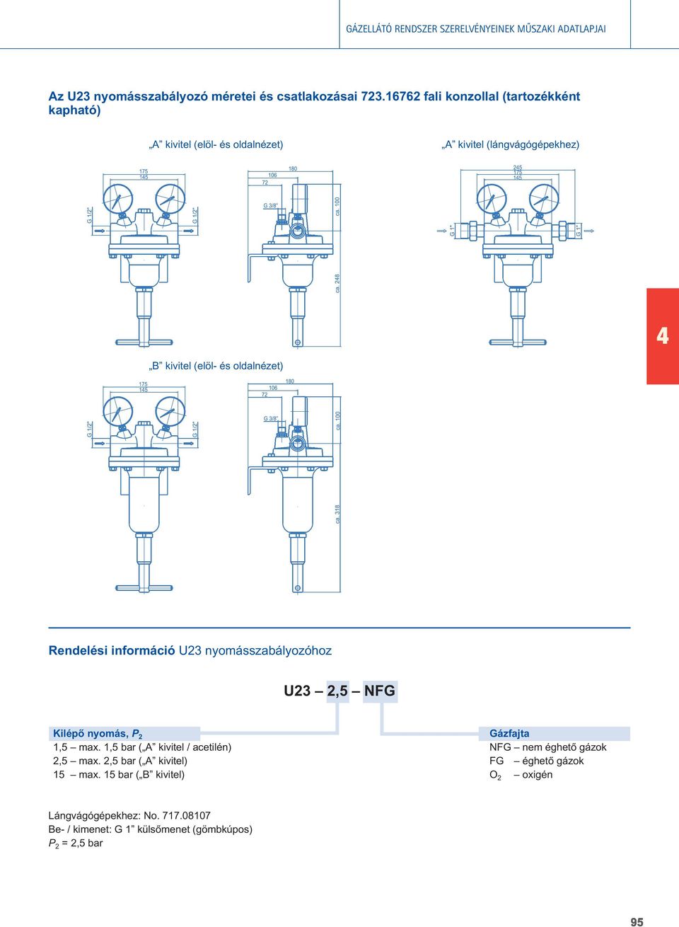 és oldalnézet) Rendelési információ U23 nyomásszabályozóhoz U23 2,5 NFG Kilépô nyomás, P 2 Gázfajta 1,5 1,5 bar ( A kivitel