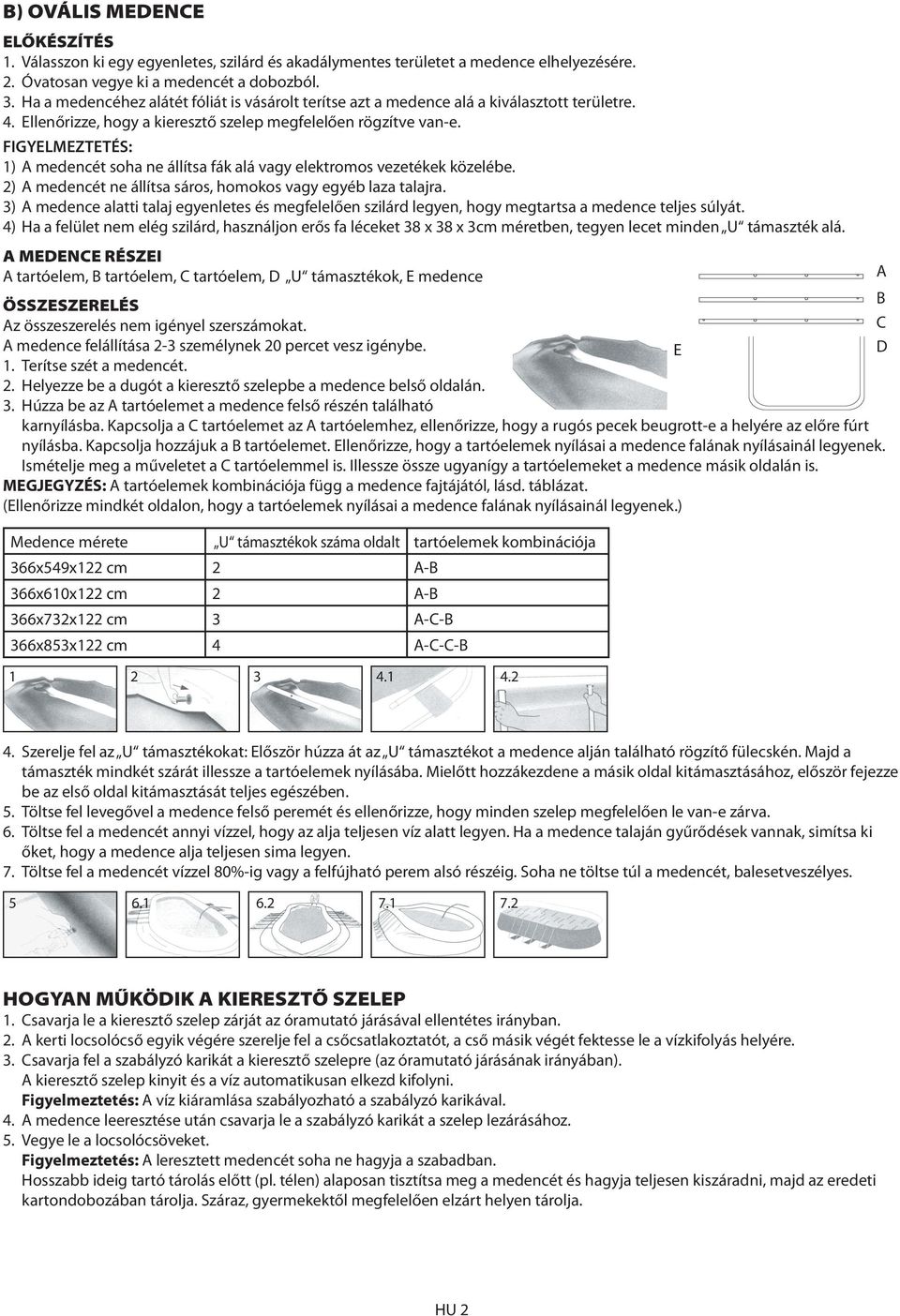 FIGYELMEZTETÉS: 1) A medencét soha ne állítsa fák alá vagy elektromos vezetékek közelébe. 2) A medencét ne állítsa sáros, homokos vagy egyéb laza talajra.
