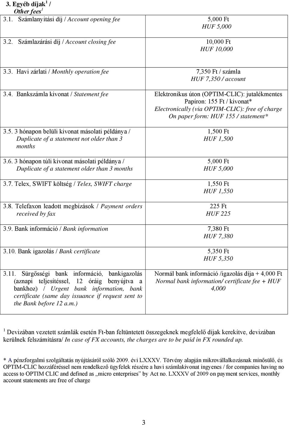 6. 3 hónapon túli kivonat másolati példánya / Duplicate of a statement older than 3 months 1,500 Ft HUF 1,500 3.7. Telex, SWIFT költség / Telex, SWIFT charge 1,550 Ft HUF 1,550 3.8.