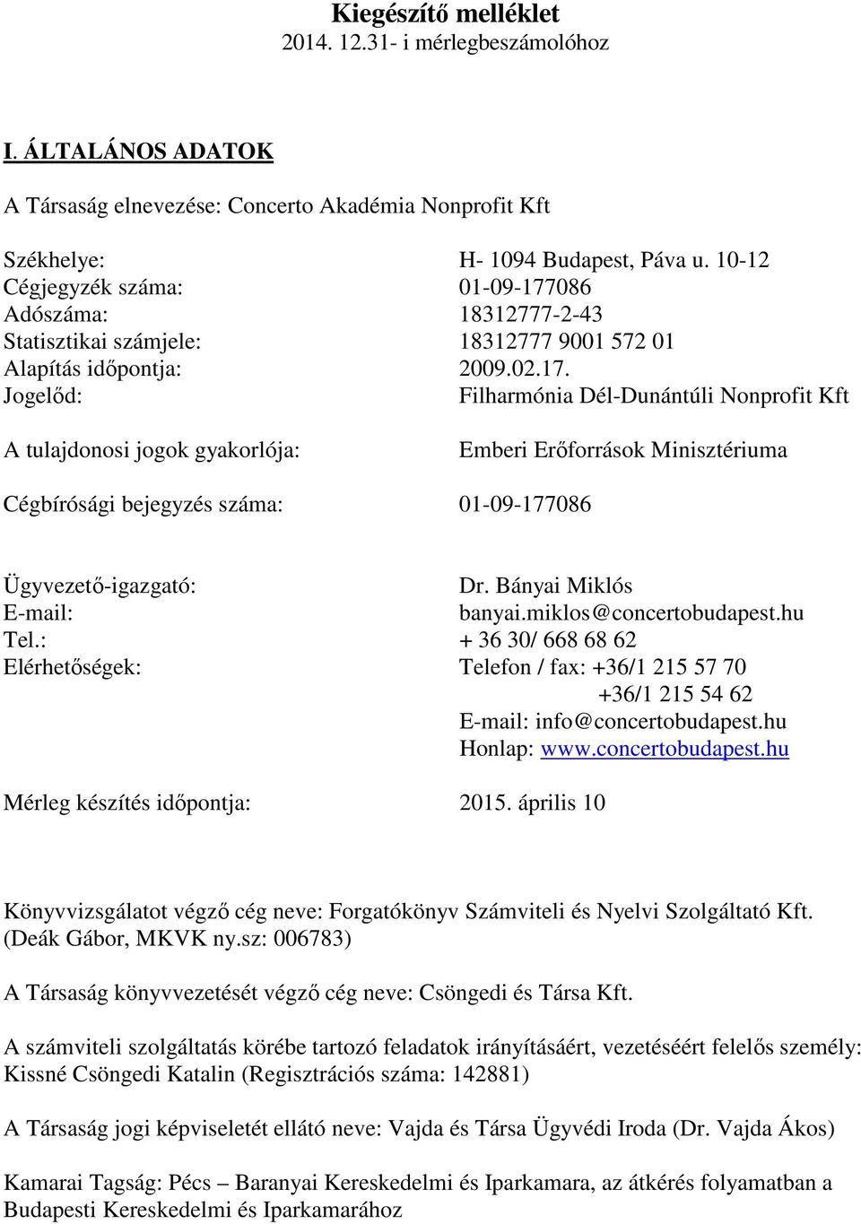 086 Adószáma: 18312777-2-43 Statisztikai számjele: 18312777 9001 572 01 Alapítás időpontja: 2009.02.17.