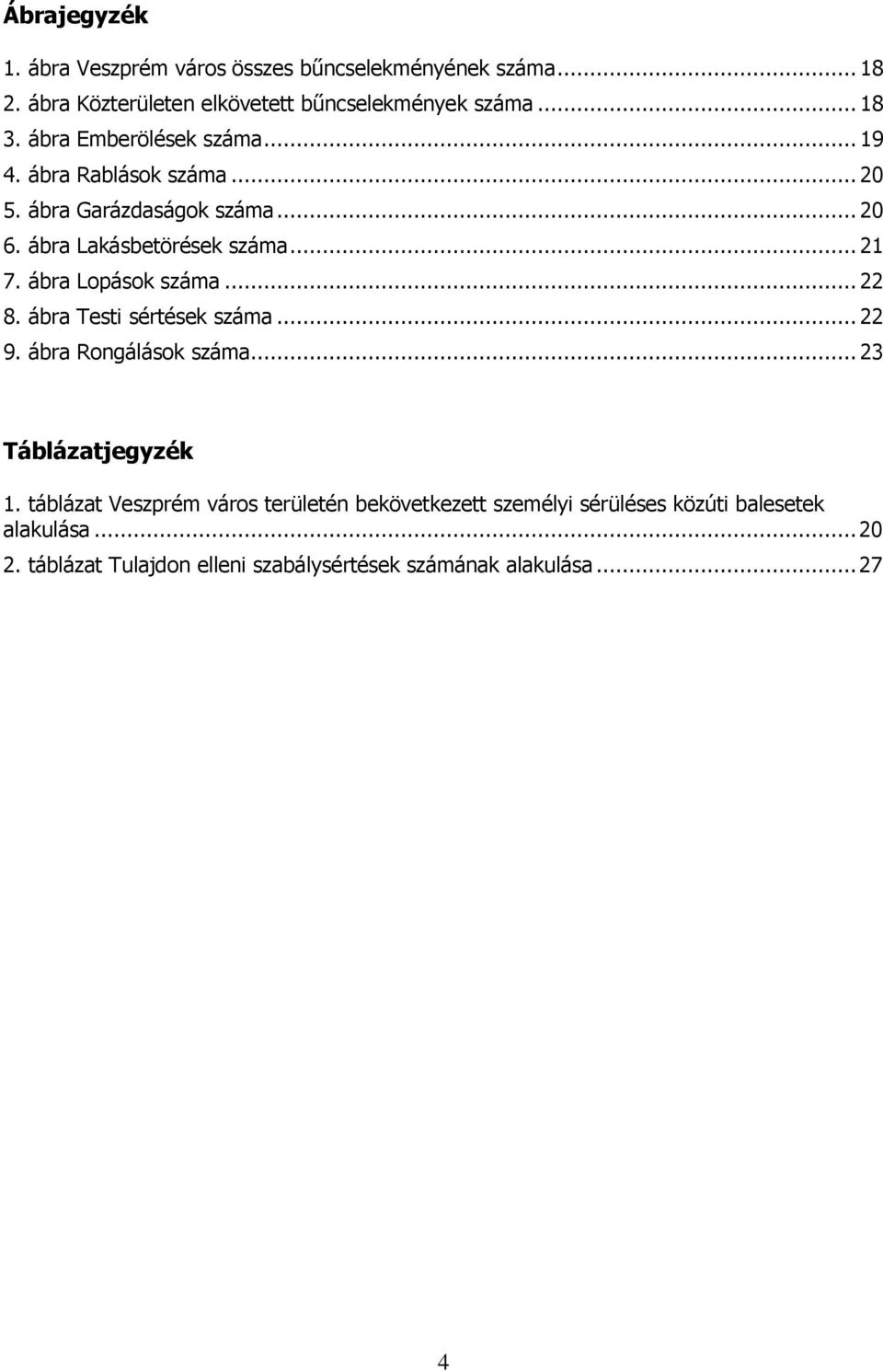 ábra Lopások száma... 22 8. ábra Testi sértések száma... 22 9. ábra Rongálások száma... 23 Táblázatjegyzék 1.