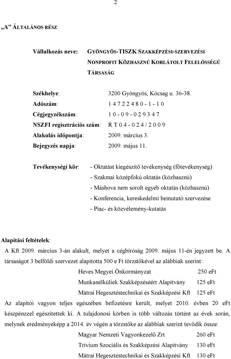 Tevékenységi kör: - Oktatást kiegészítő tevékenység (főtevékenység) - Szakmai középfokú oktatás (közhasznú) - Máshova nem sorolt egyéb oktatás (közhasznú) - Konferencia, kereskedelmi bemutató