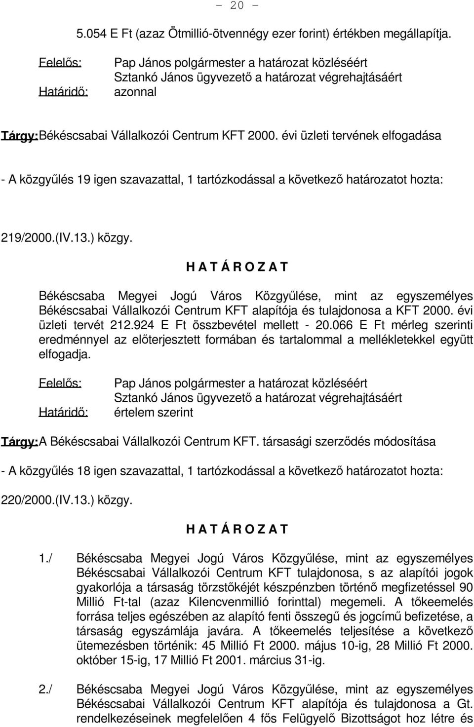 évi üzleti tervének elfogadása - A közgyűlés 19 igen szavazattal, 1 tartózkodással a következő határozatot hozta: 219/2000.(IV.13.) közgy.