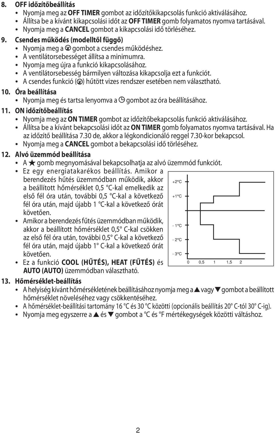 Nyomja meg újra a funkció kikapcsolásához. A ventilátorsebesség bármilyen változása kikapcsolja ezt a funkciót. A csendes funkció ( ) hűtött vizes rendszer esetében nem választható. 10.