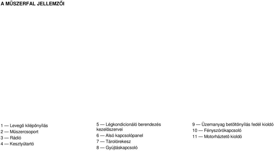 Alsó kapcsolópanel 7 Tárolórekesz 8 Gyújtáskapcsoló 9 Üzemanyag