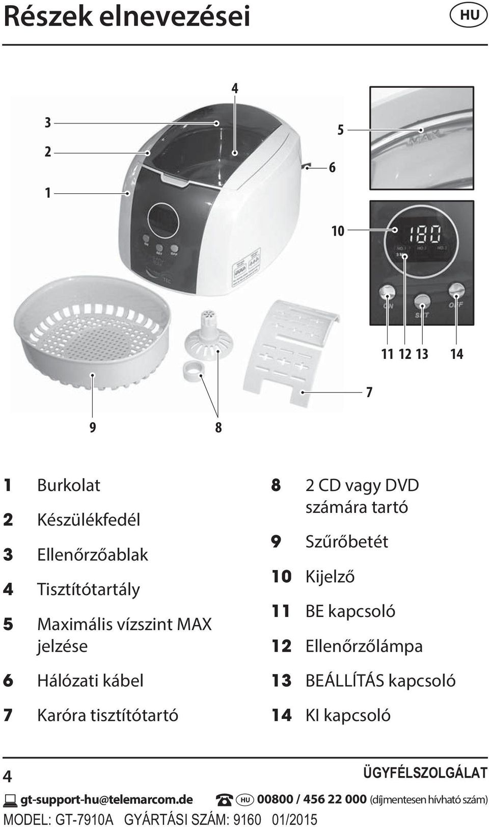 Karóra tisztítótartó 8 2 CD vagy DVD számára tartó 9 Szűrőbetét 10 Kijelző 11 BE kapcsoló