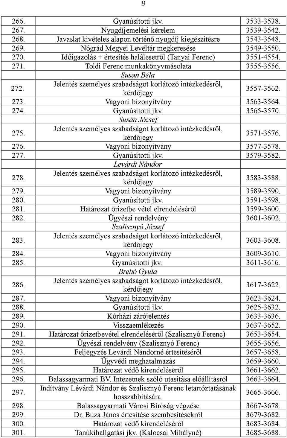 273. Vagyoni bizonyítvány 3563-3564. 274. Gyanúsítotti jkv. 3565-3570. Susán József 275. Jelentés személyes szabadságot korlátozó intézkedésről, 3571-3576. 276. Vagyoni bizonyítvány 3577-3578. 277.