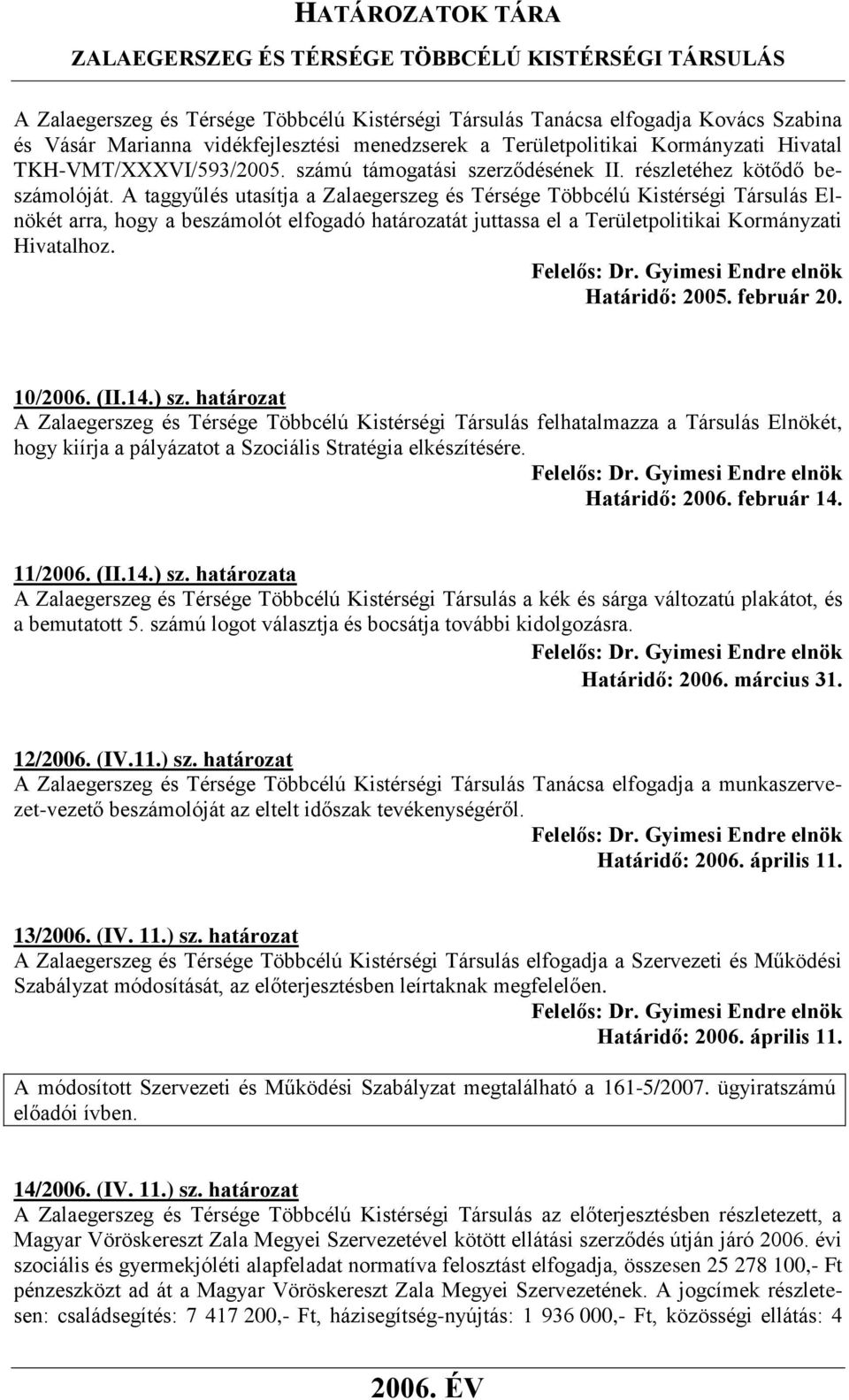 A taggyűlés utasítja a Zalaegerszeg és Térsége Többcélú Kistérségi Társulás Elnökét arra, hogy a beszámolót elfogadó határozatát juttassa el a Területpolitikai Kormányzati Hivatalhoz. Határidő: 2005.