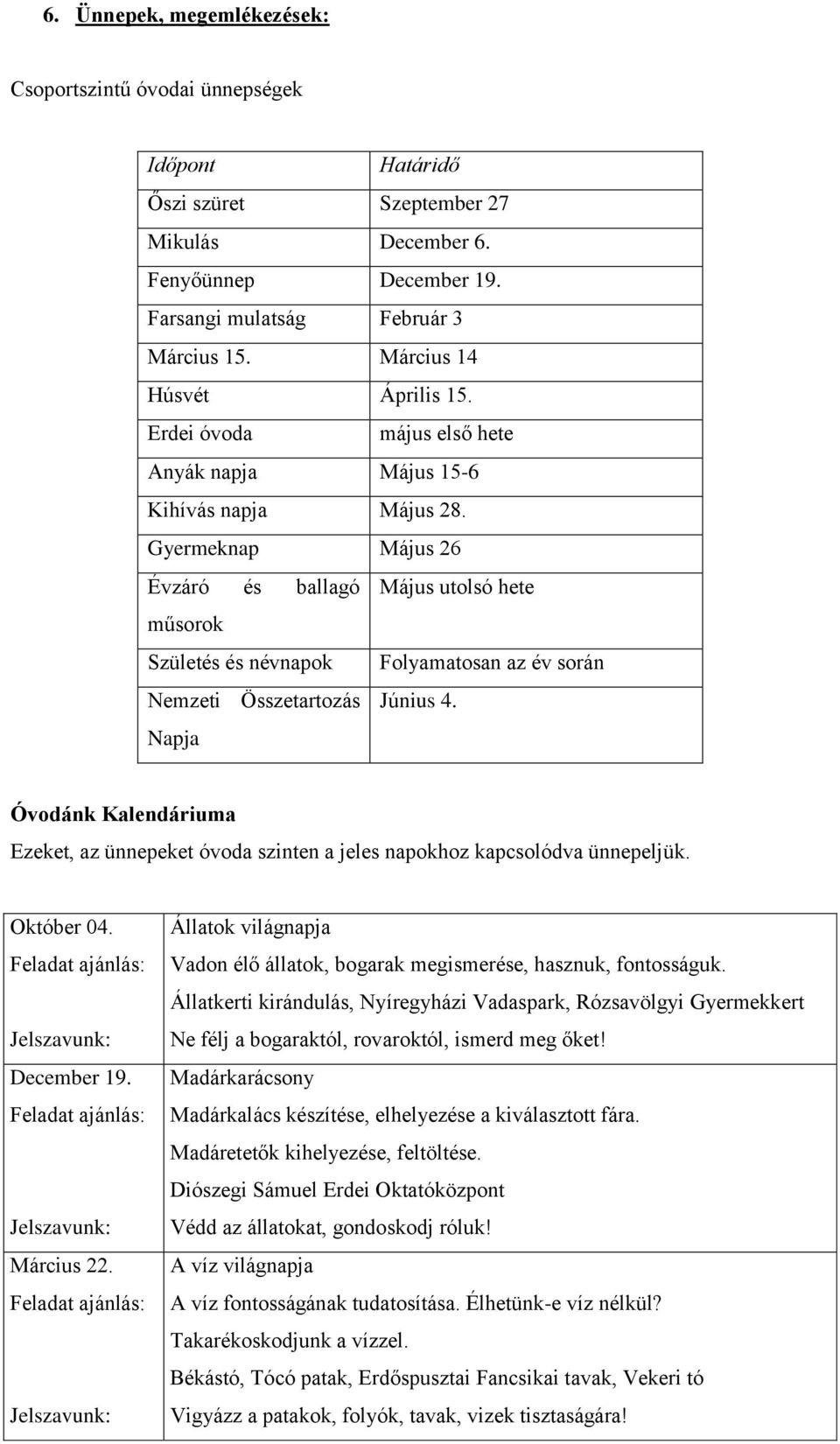 Gyermeknap Május 26 Évzáró és ballagó Május utolsó hete műsorok Születés és névnapok Folyamatosan az év során Nemzeti Összetartozás Június 4.