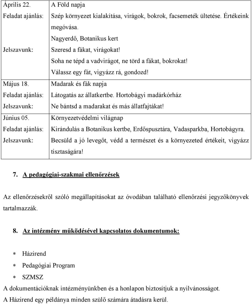 Hortobágyi madárkórház Ne bántsd a madarakat és más állatfajtákat! Környezetvédelmi világnap Kirándulás a Botanikus kertbe, Erdőspusztára, Vadasparkba, Hortobágyra.