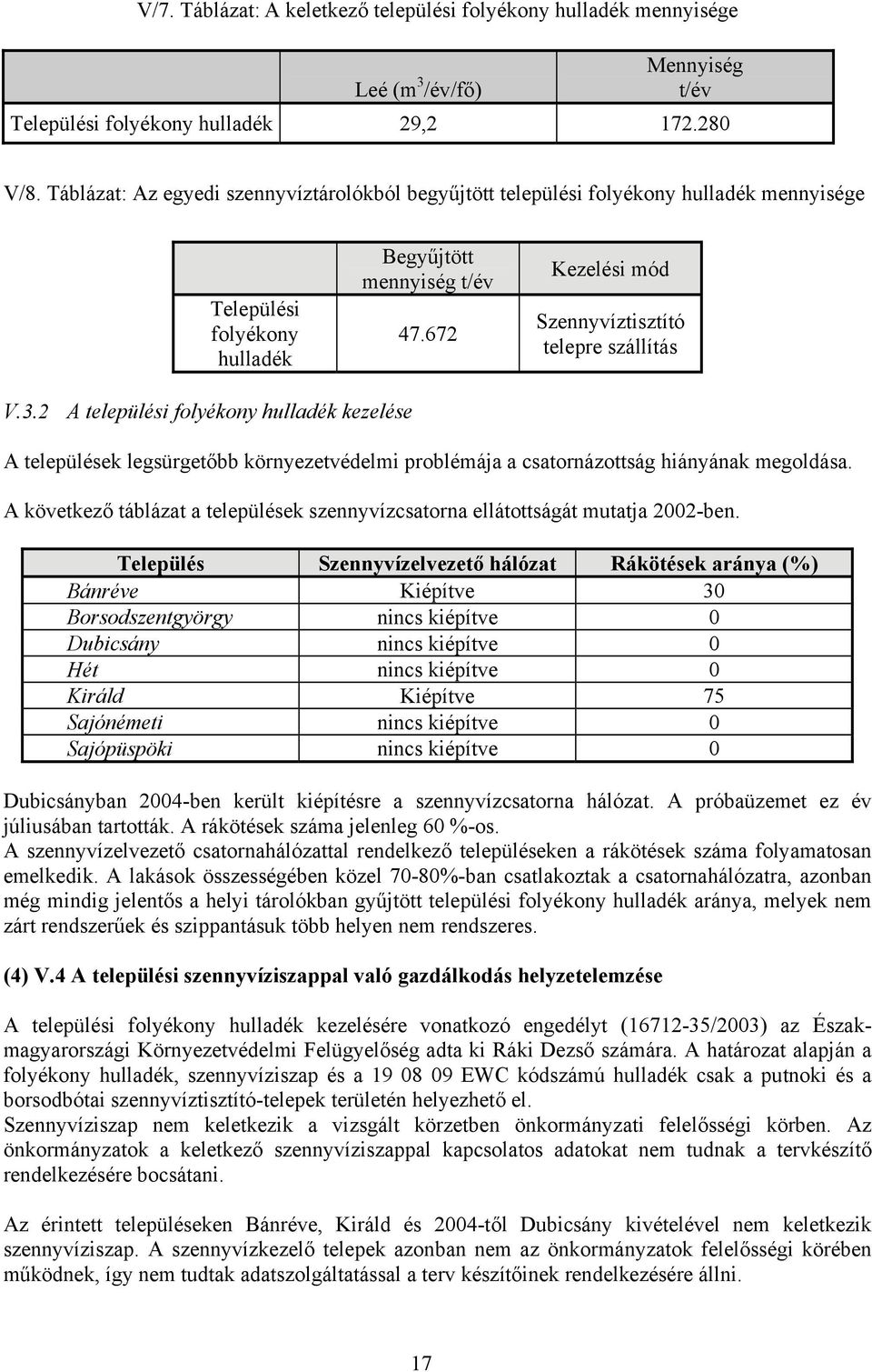 672 Kezelési mód Szennyvíztisztító telepre szállítás V.3.2 A települési folyékony hulladék kezelése A települések legsürgetőbb környezetvédelmi problémája a csatornázottság hiányának megoldása.