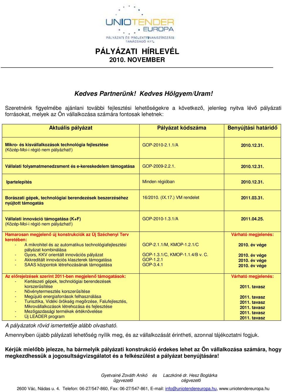 Pályázat kódszáma Benyújtási határidı Mikro- és kisvállalkozások technológia fejlesztése (Közép-Moi-i régió nem pályázhat!) GOP-2010-2.1.1/A 2010.12.31.