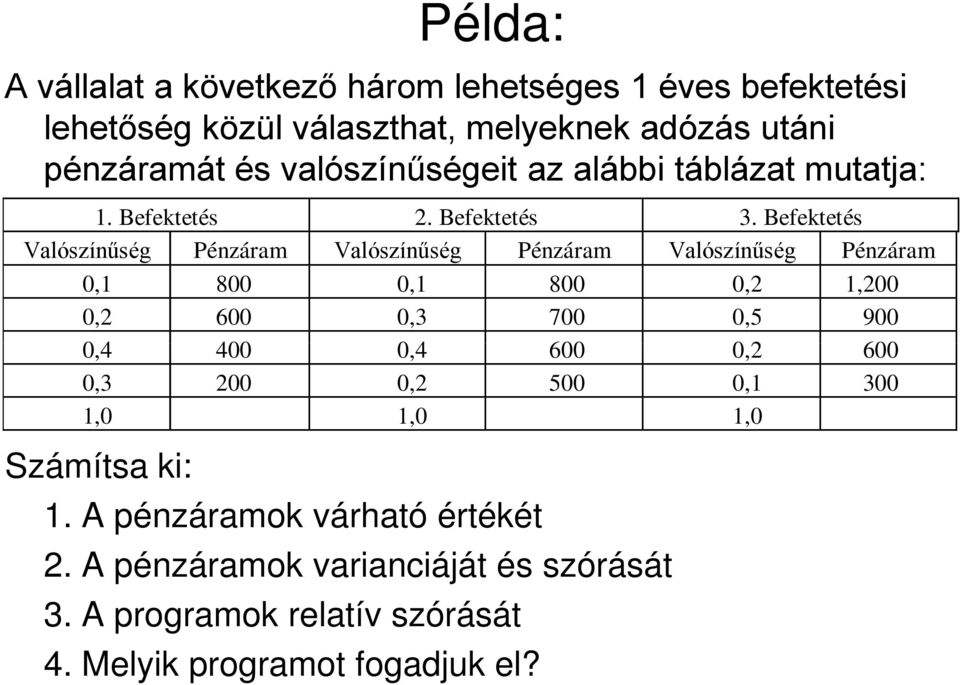 Befektetés Valószínűség Pénzáram Valószínűség Pénzáram Valószínűség Pénzáram 0, 800 0, 800 0,,00 0, 600 0,3 700 0,5 900 0,4 400