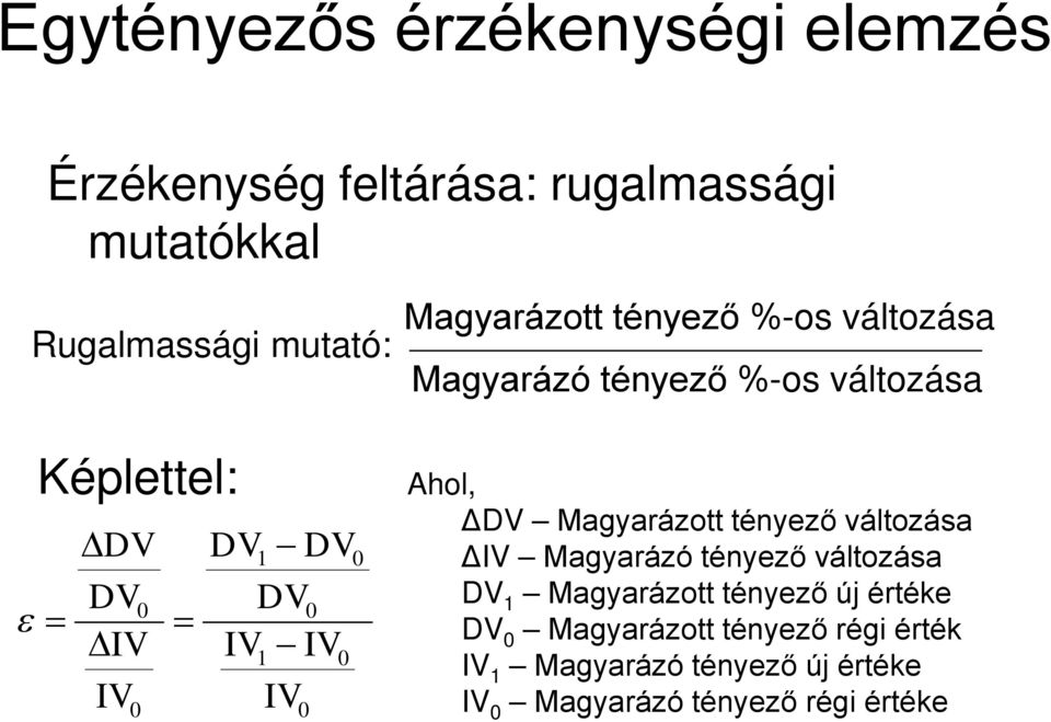- IV0 IV 0 0 Ahol, ΔDV Magyarázott tényező változása ΔIV Magyarázó tényező változása DV Magyarázott tényező