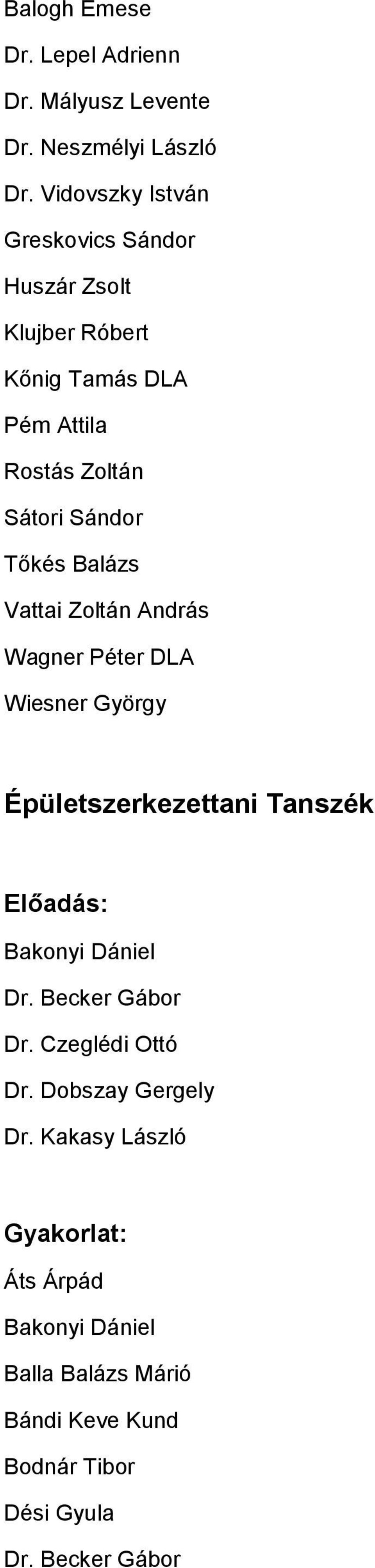 Tőkés Balázs Vattai Zoltán András Wagner Péter DLA Wiesner György Épületszerkezettani Tanszék Bakonyi Dániel Dr.