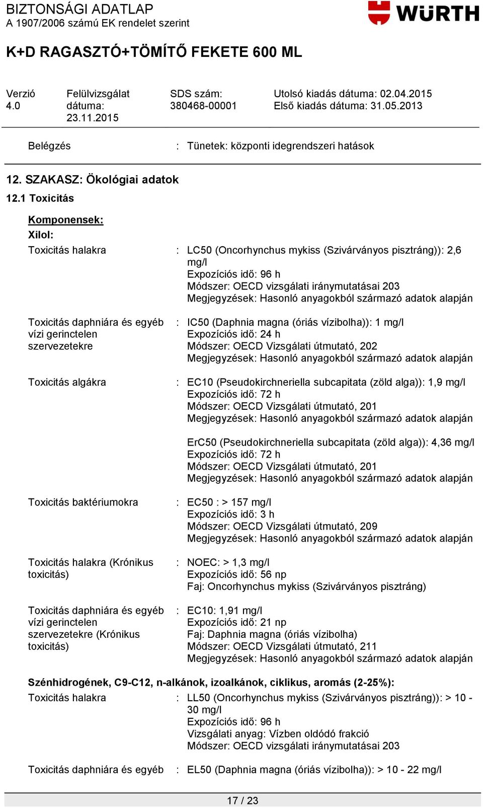 gerinctelen szervezetekre Toxicitás algákra : IC50 (Daphnia magna (óriás vízibolha)): 1 mg/l Expozíciós idő: 24 h Módszer: OECD Vizsgálati útmutató, 202 : EC10 (Pseudokirchneriella subcapitata (zöld