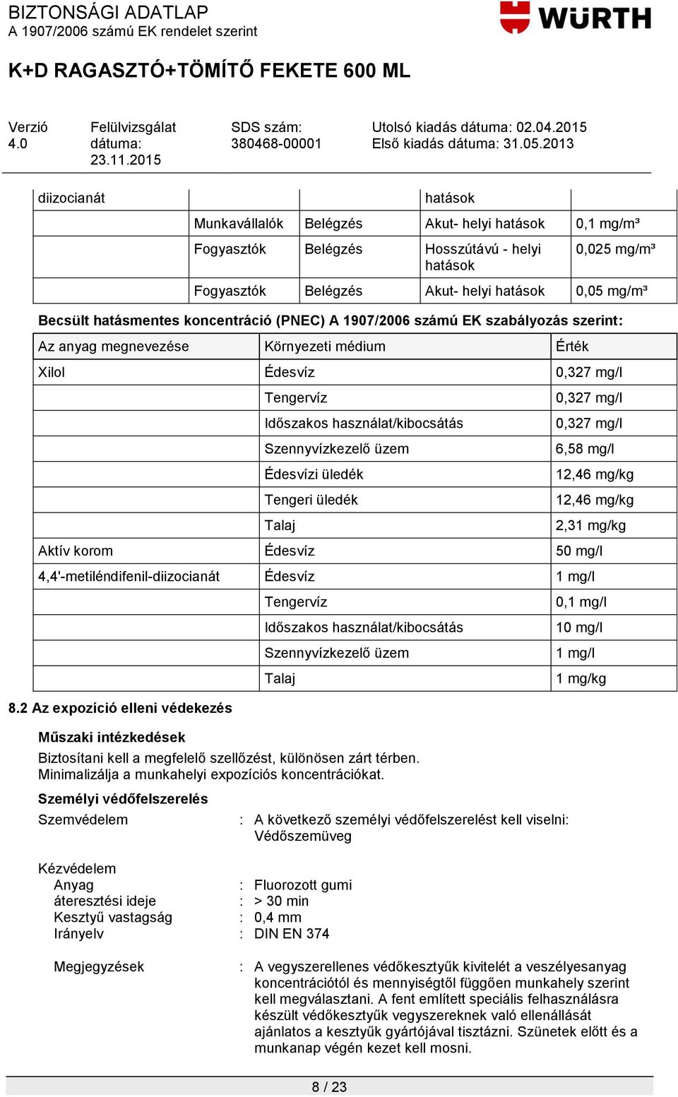 Szennyvízkezelő üzem Édesvízi üledék Tengeri üledék Talaj 0,327 mg/l 0,327 mg/l 6,58 mg/l 12,46 mg/kg 12,46 mg/kg 2,31 mg/kg Aktív korom Édesvíz 50 mg/l 4,4'-metiléndifenil-diizocianát Édesvíz 1 mg/l