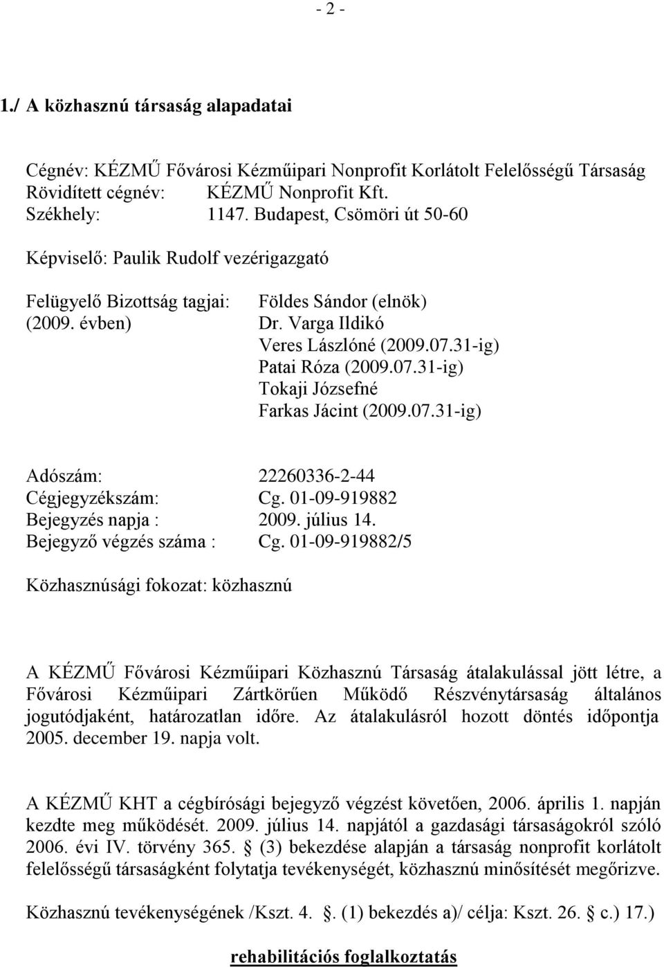 31-ig) Patai Róza (2009.07.31-ig) Tokaji Józsefné Farkas Jácint (2009.07.31-ig) Adószám: 22260336-2-44 Cégjegyzékszám: Cg. 01-09-919882 Bejegyzés napja : 2009. július 14. Bejegyző végzés száma : Cg.