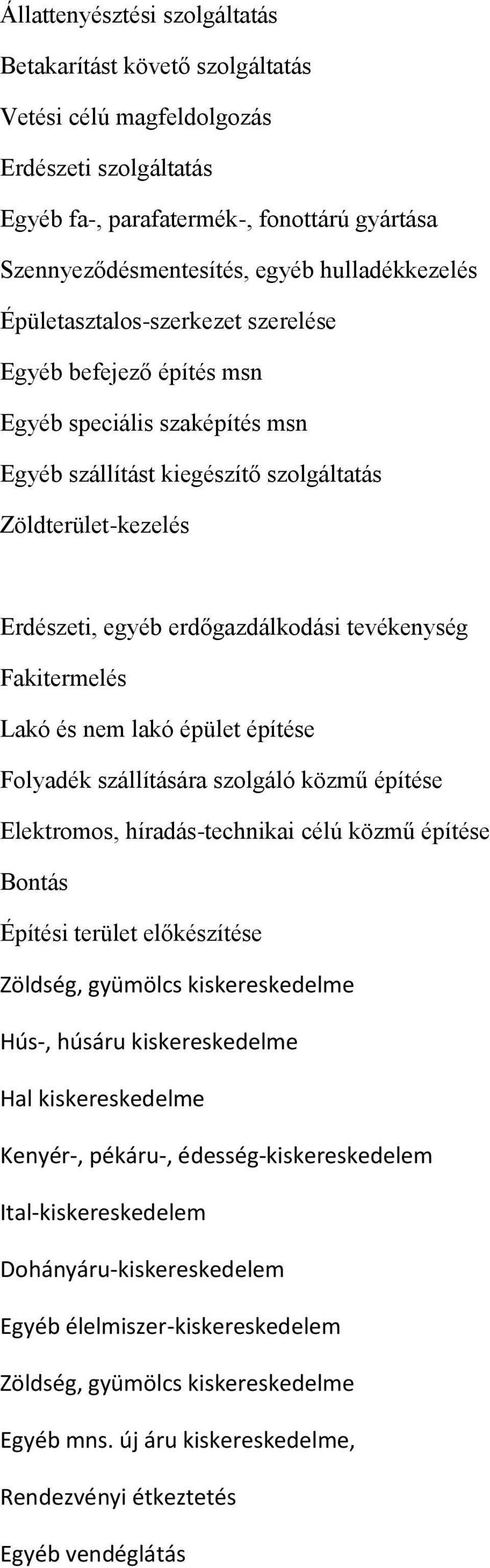erdőgazdálkodási tevékenység Fakitermelés Lakó és nem lakó épület építése Folyadék szállítására szolgáló közmű építése Elektromos, híradás-technikai célú közmű építése Bontás Építési terület