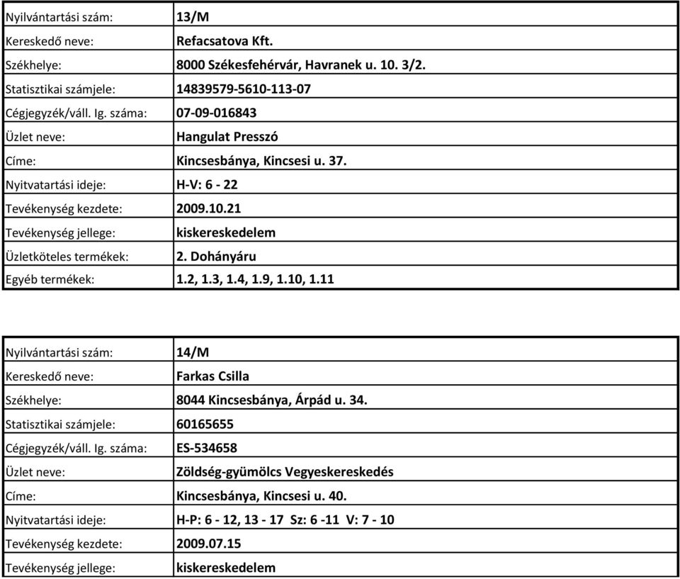 Dohányáru 1.2, 1.3, 1.4, 1.9, 1.10, 1.11 Nyilvántartási szám: 14/M Farkas Csilla Székhelye: 8044 Kincsesbánya, Árpád u. 34.