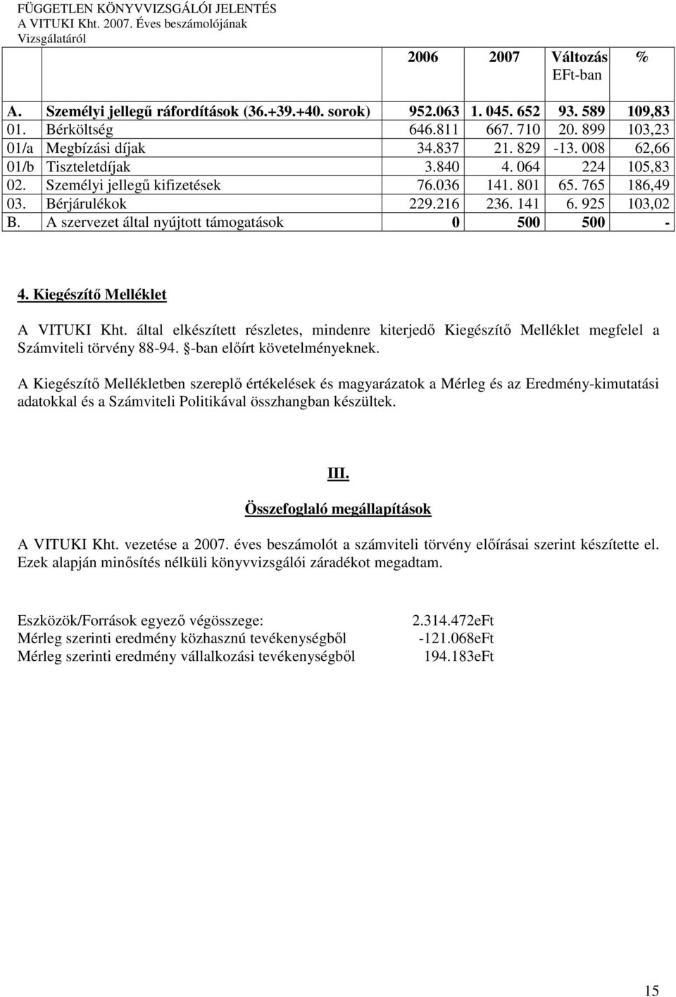 Kiegészítı Melléklet A VITUKI Kht által elkészített részletes, mindenre kiterjedı Kiegészítı Melléklet megfelel a Számviteli törvény 88-94 -ban elıírt követelményeknek A Kiegészítı Mellékletben