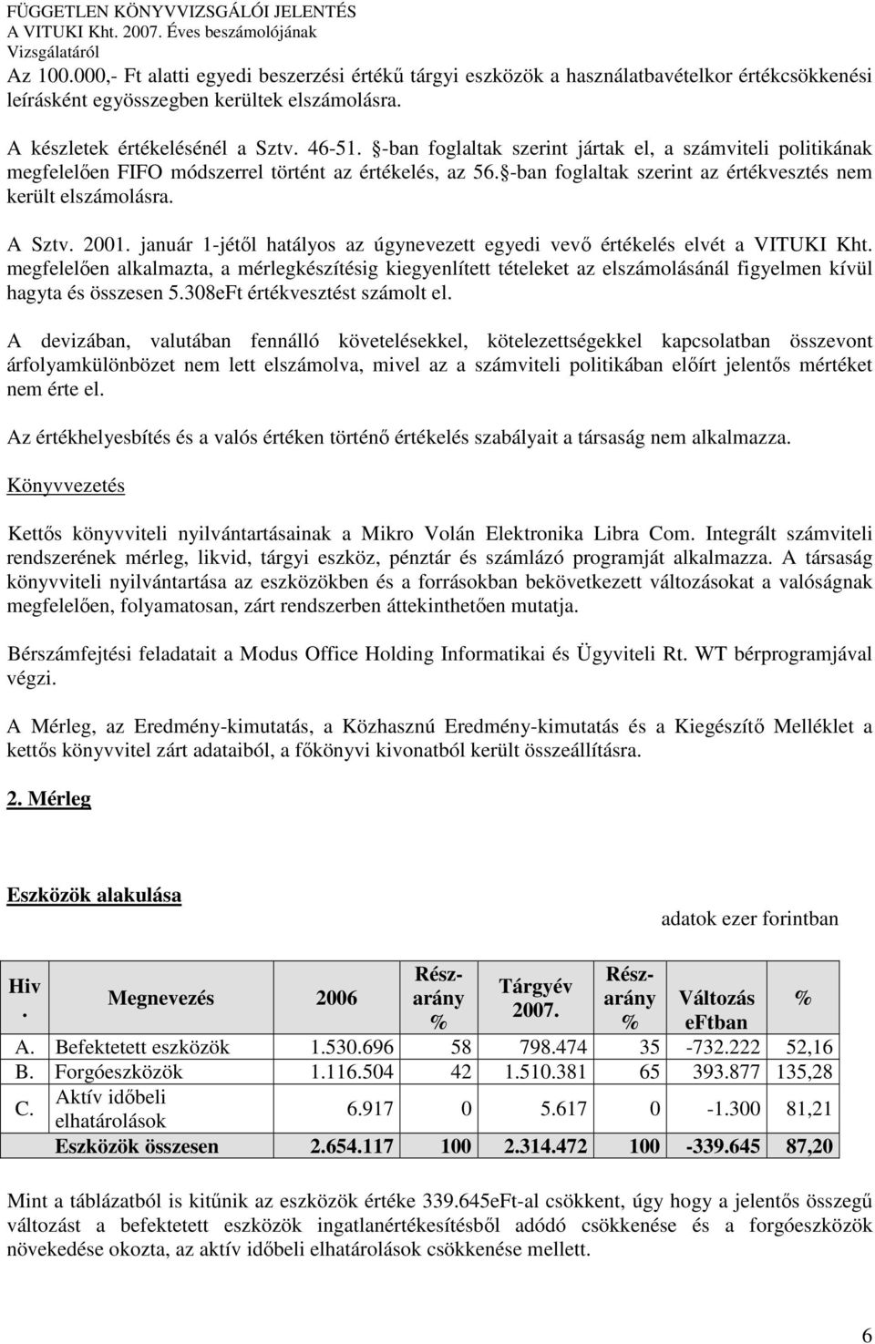 hatályos az úgynevezett egyedi vevı értékelés elvét a VITUKI Kht megfelelıen alkalmazta, a mérlegkészítésig kiegyenlített tételeket az elszámolásánál figyelmen kívül hagyta és összesen 5308eFt