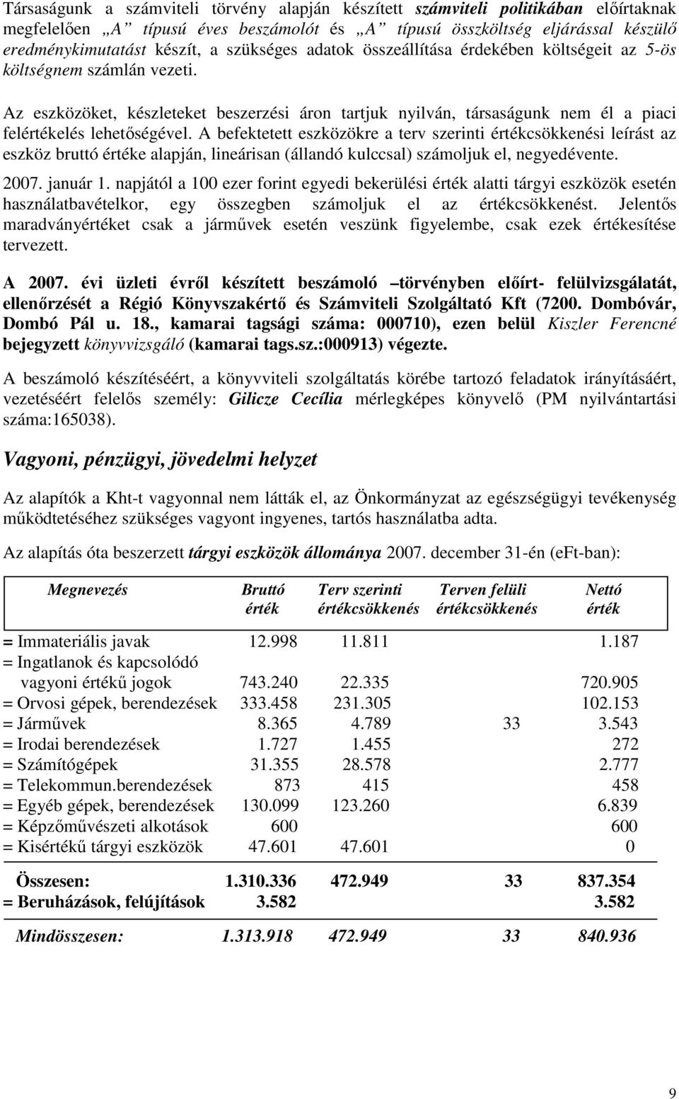 Az eszközöket, készleteket beszerzési áron tartjuk nyilván, társaságunk nem él a piaci felértékelés lehetıségével.