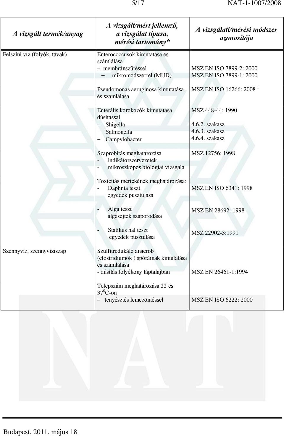 Statikus hal teszt egyedek pusztulása MSZ EN ISO 7899-2: 2000 MSZ EN ISO 7899-1: 2000 MSZ EN ISO 16266: 2008 1 MSZ 44