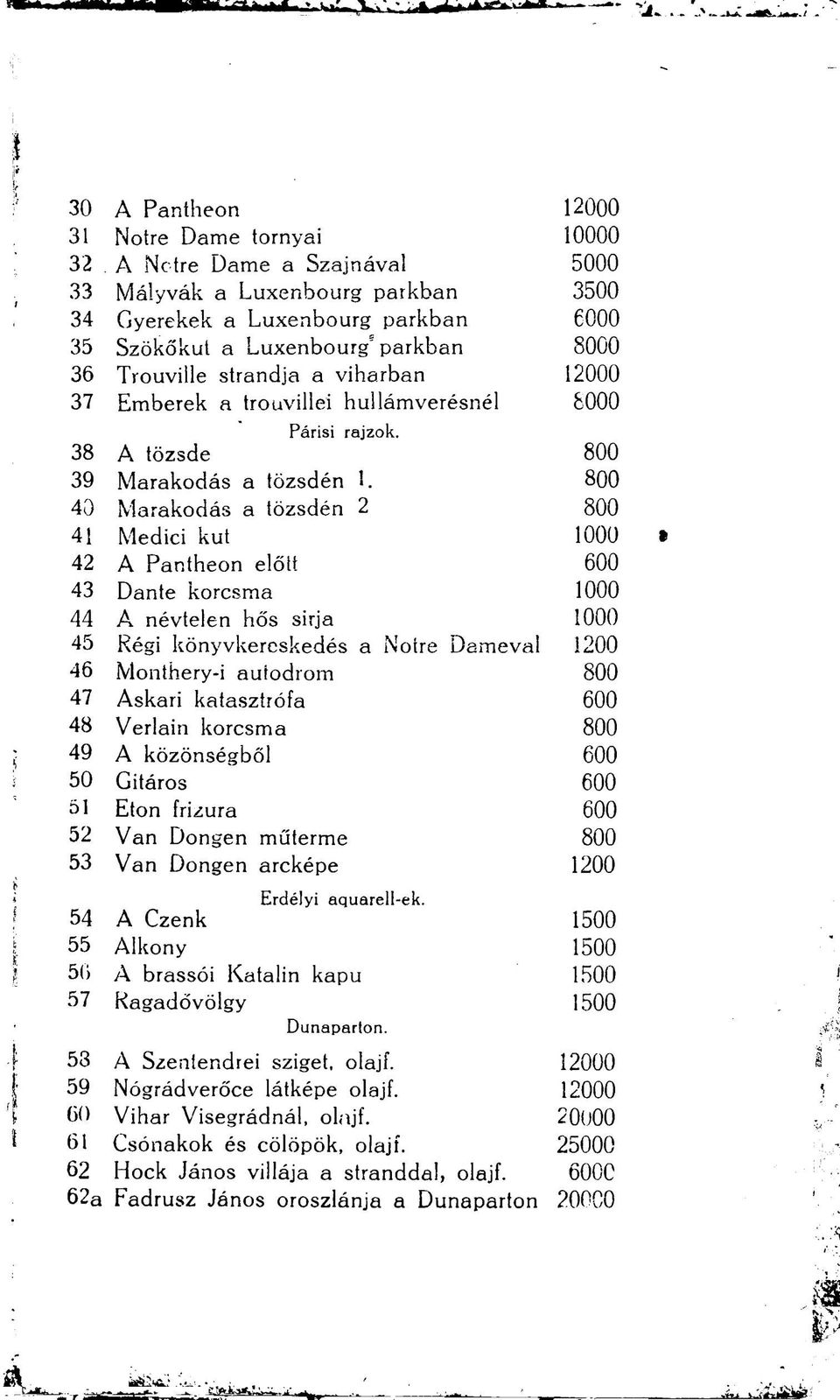 800 40 Marakodás a tőzsdén 2 800 41 Medici kut 1000 42 A Pantheon előtt 600 43 Dante korcsma 1000 44 A névtelen hős sirja 1000 45 Régi könyvkereskedés a Notre Dameval 1200 iö Monthery-i auíodrom 800