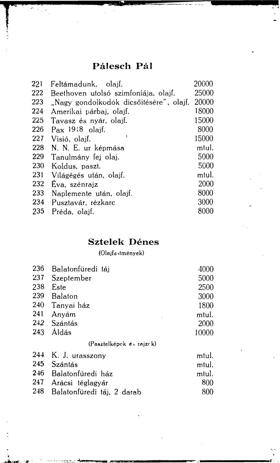 mtul. 232 Éva, szénrajz 2000 233 Naplemente után, olajf. 8000 234 Pusztavár, rézkarc 3000 235 Préda, olajf.